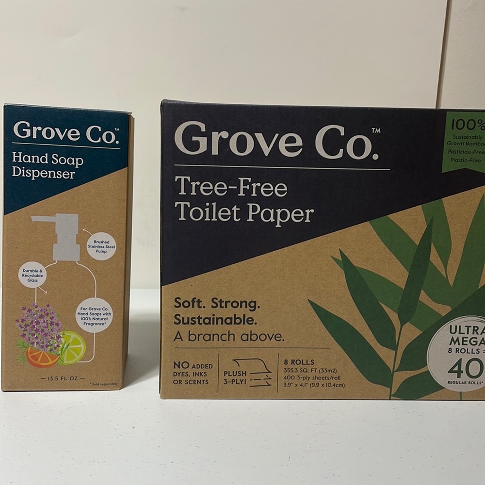 NWT Bamboo toilet paper box with soap dispenser from grove co